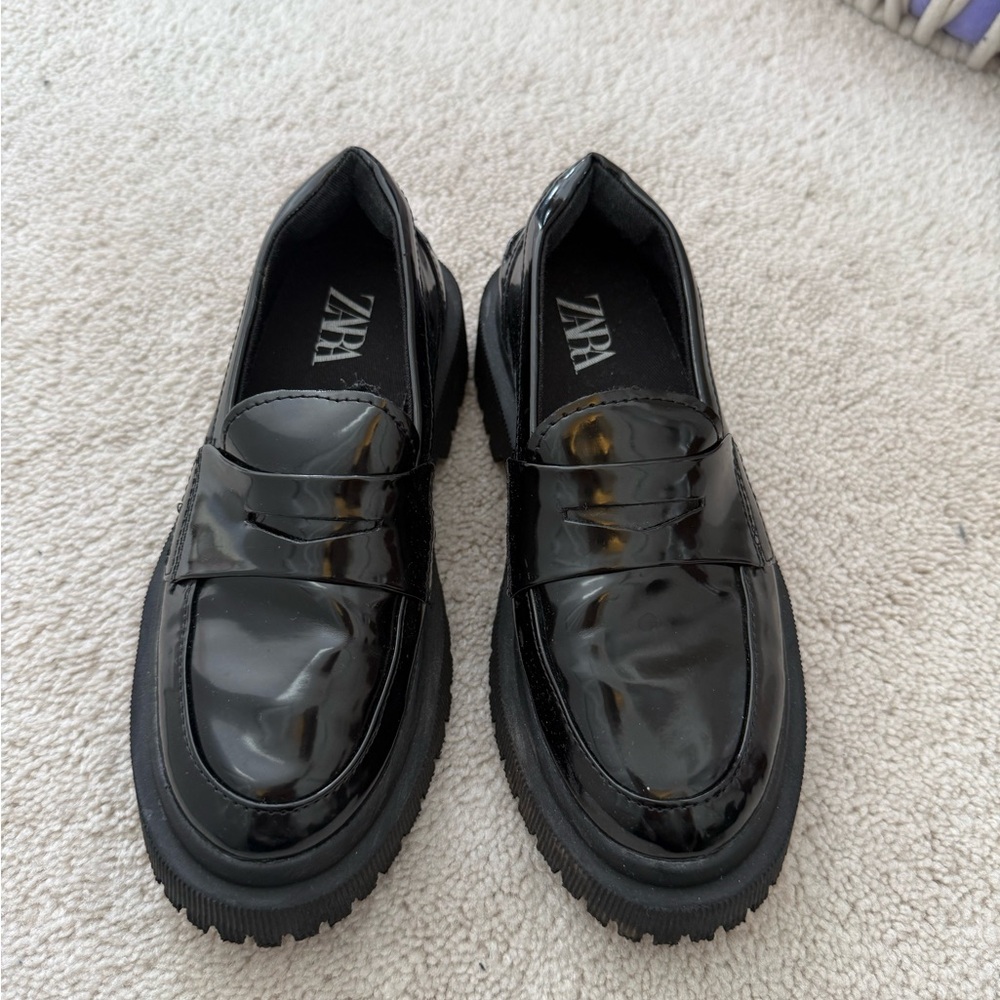 Zara Glossy Black Slip-On Loafers